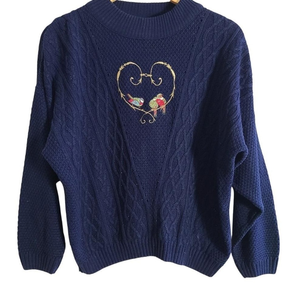 Vintage Embroidered Lovebirds‎ Pullover Crewneck Sweater XL Kitsch Cable Knit